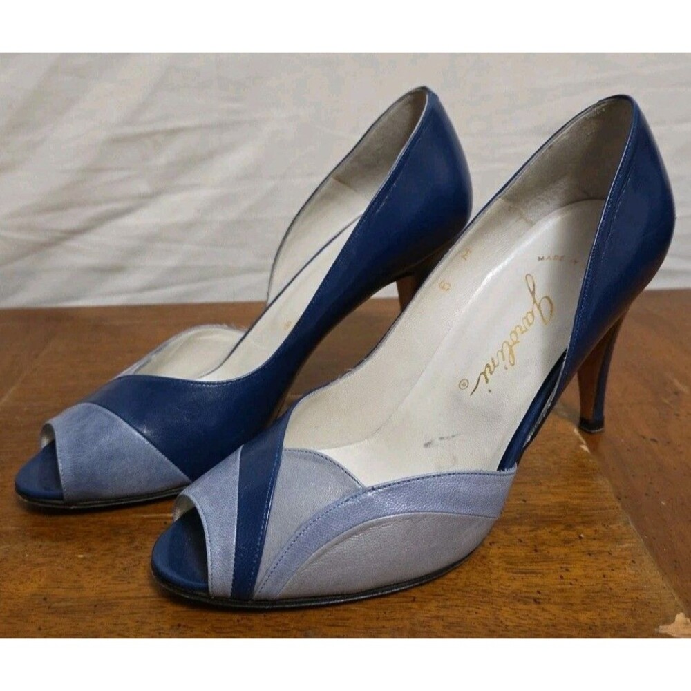 Garolini Blue Gray Leather Peep Toe D'orsay Pumps Heel Size 6 Vintage F